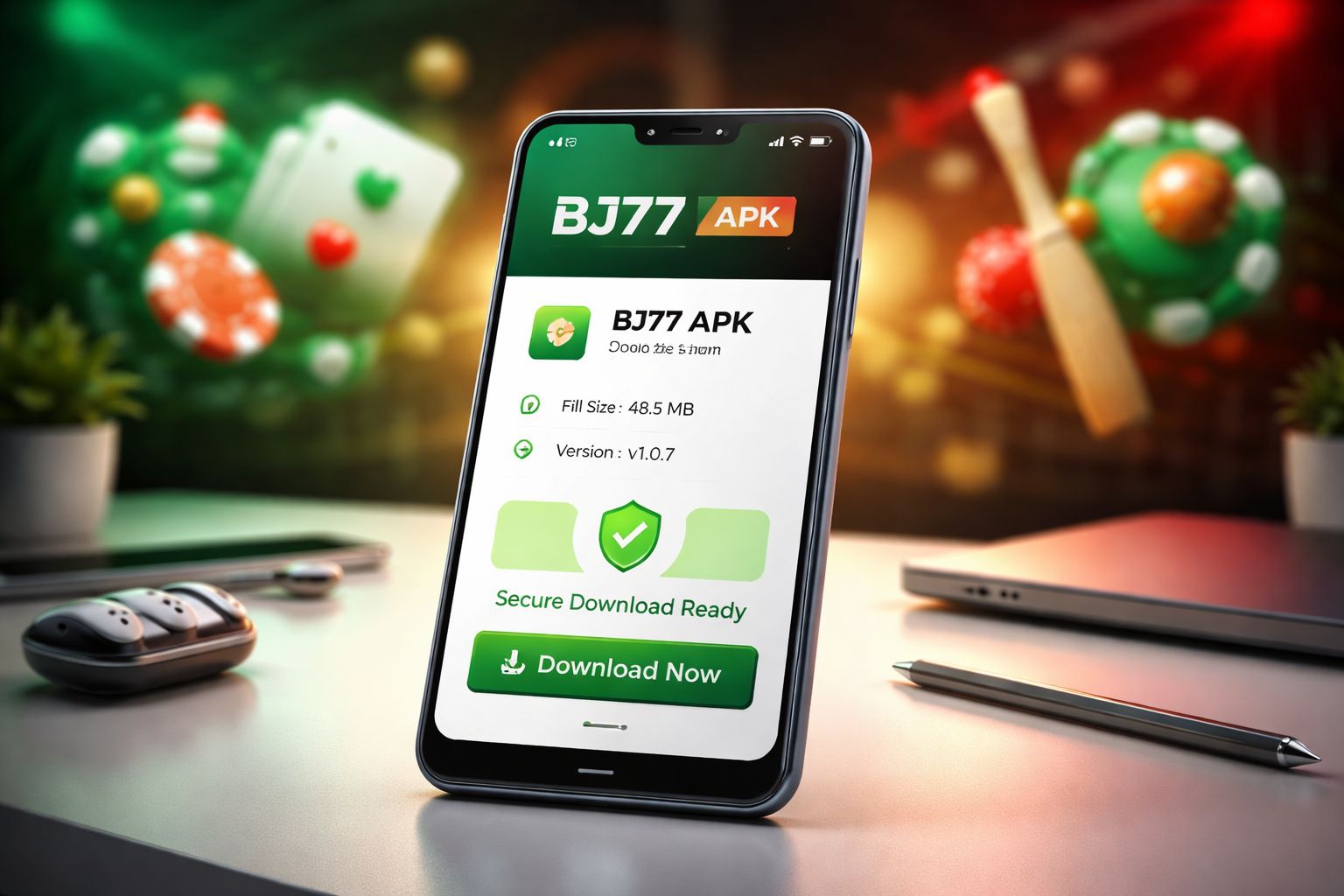 BJ77 APK download details displayed on a smartphone