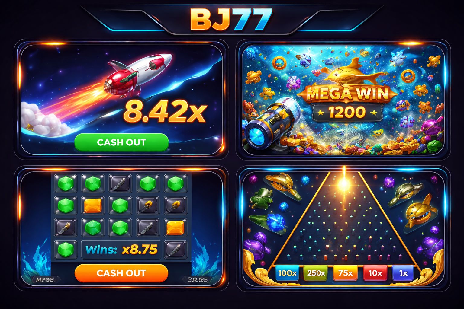 BJ77 crash games, fishing shooter and instant arcade interface