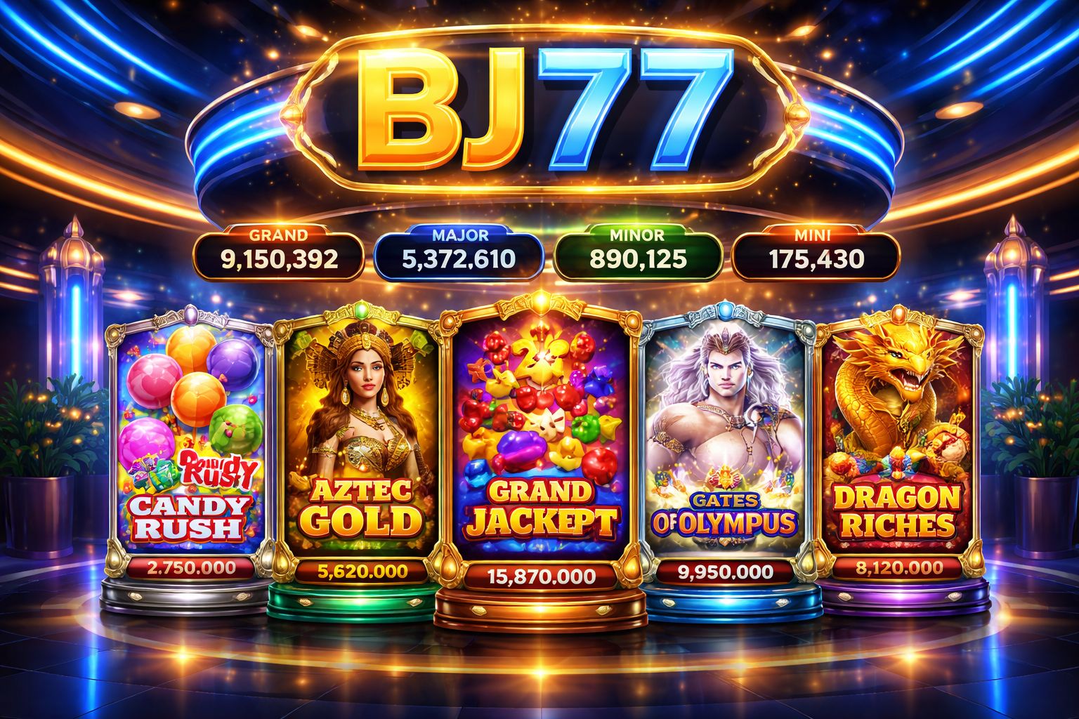 BJ77 online slots lobby with colourful reel games and jackpot highlights